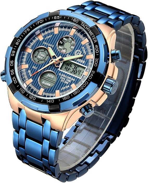 Luxury Fashion Men's Watches Stainless Steel Heavy Bullet Sport Chronograph Waterproof Gold Two Tone Date Alarm Multifunction Analogue Digital Watch