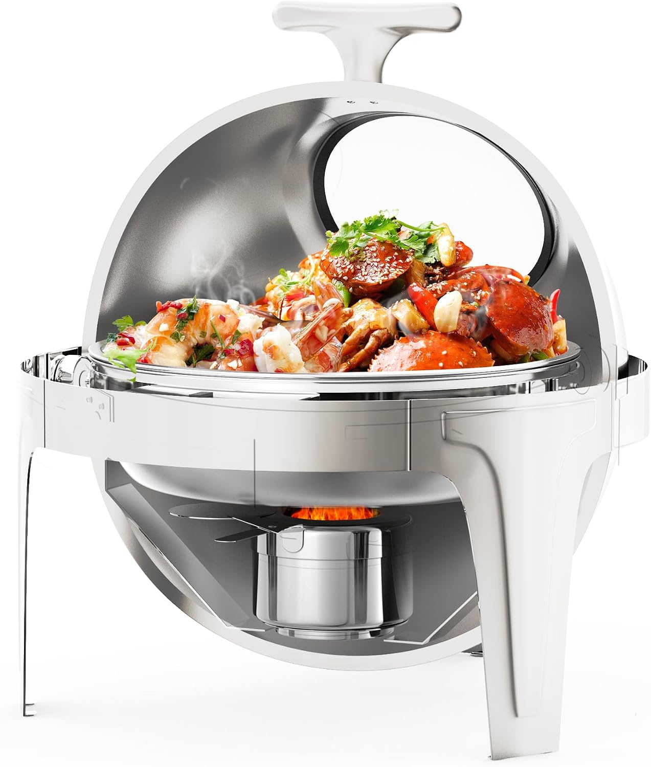 Roll Top Chafing Dish Buffet Set, 6.3 QT Round Chafing Dish for Buffet, Stainless Steel Food Warmer Chafer with Glass Window Full Size Food Pan for Catering Parties Banquets, Silver