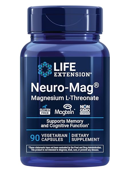 Life Extension Neuro-Mag Magnesium L-Threonate, Memory Health, Quick Thinking, Cognitive Health Support, Vegetarian, Non-GMO, 90 Vegetarian Capsules (144 mg from 2000 mg Magtein magnesium L-threonate