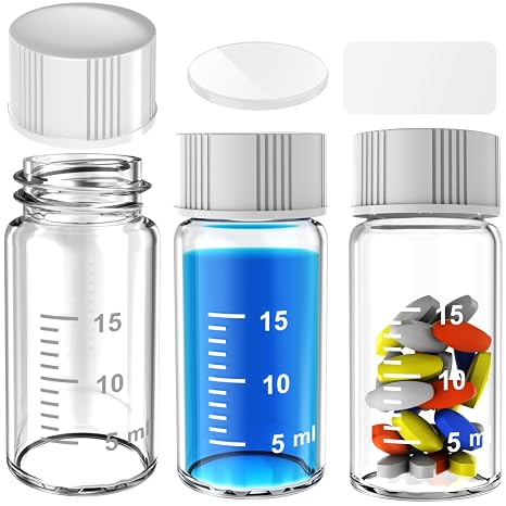 Sterile Empty Vials Small Glass Vials with Measuring Line,Brown/Clear Sample Vials with Screw Cap Liquid Sampling for Chemistry Lab Chemicals or Personal Storage (Clear,20ml 9pcs)