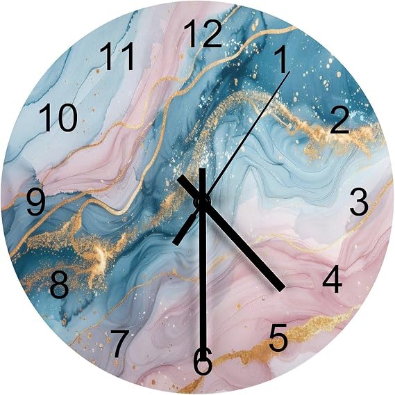 Marble Wall Clock 12 Inch Silent Non Ticking Clock Wooden, Modern Luxury Foil Texture Pink Blue Gold Marble Wall Clock Battery Operated Kitchen Bedroom Living Room Decor