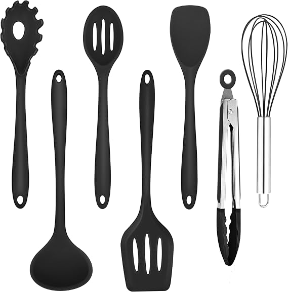 Homikit Kitchen Utensil Set 7 Pieces Black Silicone Kitchen Utensils Set Non-stick cooking utensils heat-resistant cooking utensils with spatula for cooking baking healthy dishwasher safe