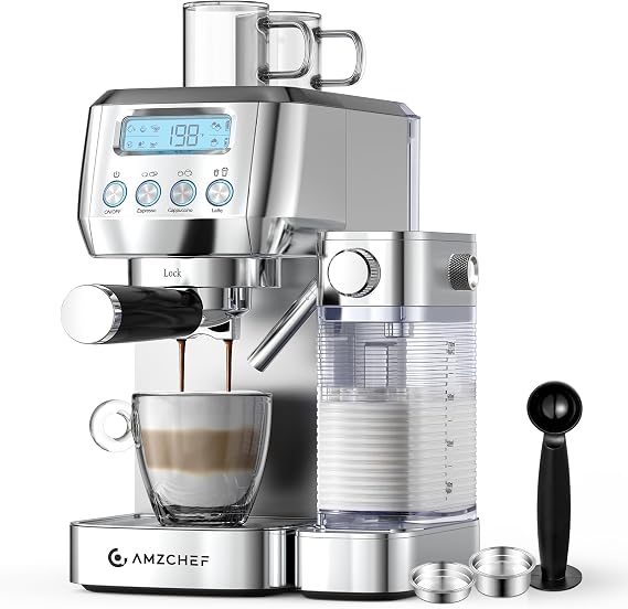AMZCHEF Espresso Machine, Auto Milk Frother, 20 Bar Pressure, Silver