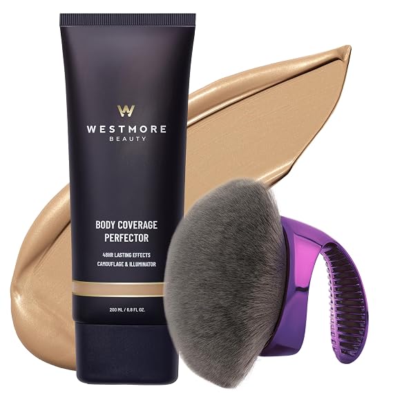 Westmore Beauty Body Coverage Perfector & Brush - Waterproof Leg Makeup- 1N | Blend & Blur body brush, waterproof leg & body makeup, tattoo cover up makeup, Light Radiance, 6.8 oz