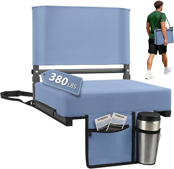 Sekey Stadium Seats with Back Support - 3.2" Thick Bleacher Seat Cushion, Bleacher Chair with Back Support, Zip Pockets & Cup Holder for Sports Events Outdoor Sitting