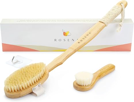 Dry Brushing Körperbürste zur Verjüngung der Haut - Rückenschrubber für Dusche - Stimulieren die Lymphdrainage und minimieren Cellulite - 100% natürliche Wildschweinborsten mit abnehmbarem Griff