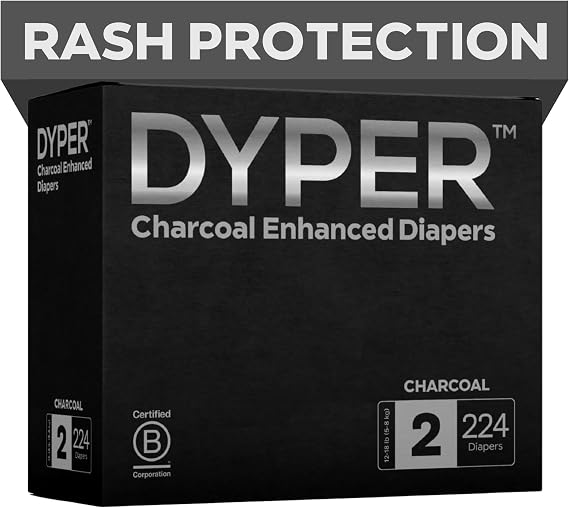 DYPER - Charcoal Enhanced Day & Overnight Disposable Baby Diapers - Made with Plant-Based* & Skin-Friendly Ingredients, Hypoallergenic for Sensitive Skin - Size 2, (224 Count)