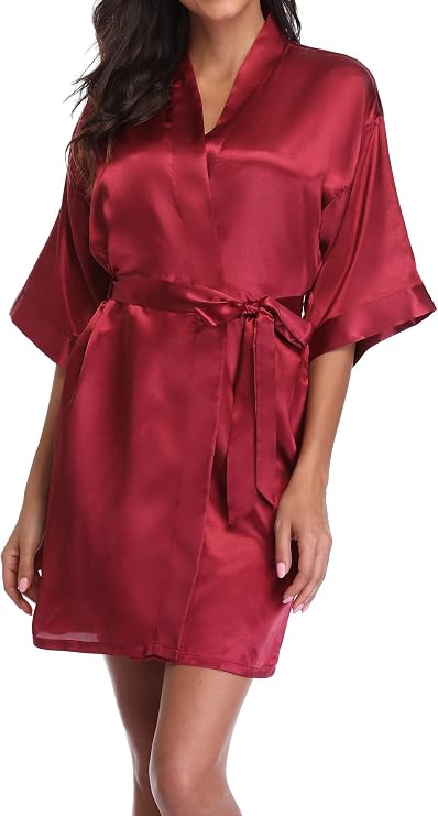 Women's Satin Robe Short Kimono Bride Bridesmaid Robes Pure Color Sleepwear Silky Bathrobe Bridal Dressing Gown