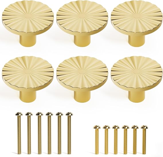 6 Pack Gold Cabinet Knobs, Round Drawer Pulls Cabinet Door Kitchen Cupboard Bathroom Dresser Hardware Handles