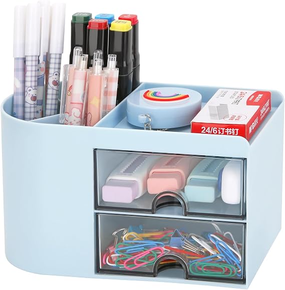 LETURE Desk Organizer Office Supplies Caddy with Pencil Holder and Drawer for Desktop Accessories, Business Card/Pen/Pencil/Mobile Phone/Stationery Holder Storage Box (Blue)