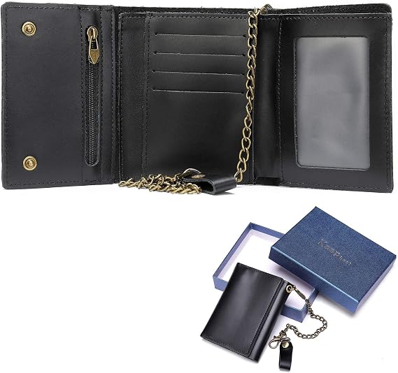 NIUCUNZH Men's Trifold Wallets Genuine Leather Small Wallet With Chain RFID Blocking Anti-Theft Chain for Biker, Motorcycle