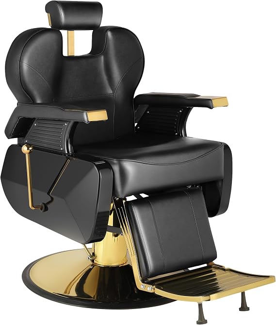 Barber Salon Hair Chair, Hydraulic Rolling 360 Swivel Barber Reclining Chairs for Barbershop, Heavy Duty Hairdresser Chair Beauty Salon Spa Shampoo Styling Equipment, Adjustable Headrest, Black&Gold