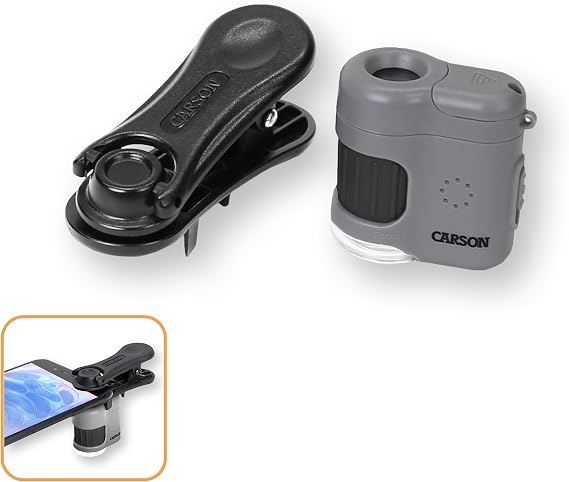 Carson MicroMini 20x LED Işıklı Cep Mikroskopu, Entegre LED ve UV El Feneri ve Evrensel Akıllı Telefon Digiscoping Adaptör Klipsi (MM-380)