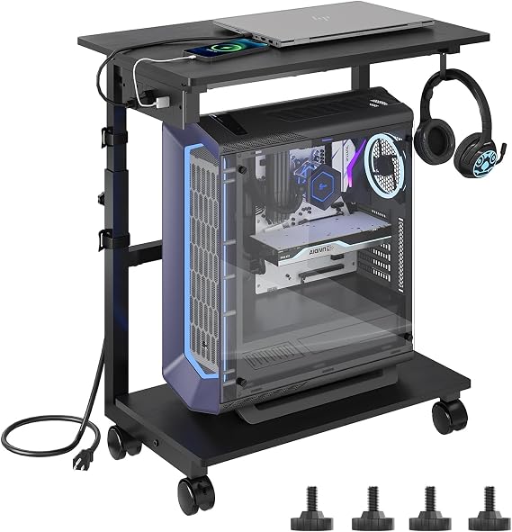 HavenlyYouth 2-Tier Computer Tower Stand with Power Outlet, Height Adjustable PC Tower Stand with Wheels, ATX-Case CPU Holder Cart with Hooks for Home, Office, Gaming (Black)