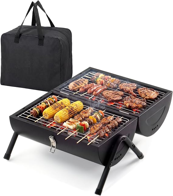 Portable Charcoal BBQ Grill with Storage Bag, Tabletop Heavy Duty Small Outdoor Barbecue Smoker with Double Sides Grill Surface for Camping Garden Party Picnic Cooking, Black
