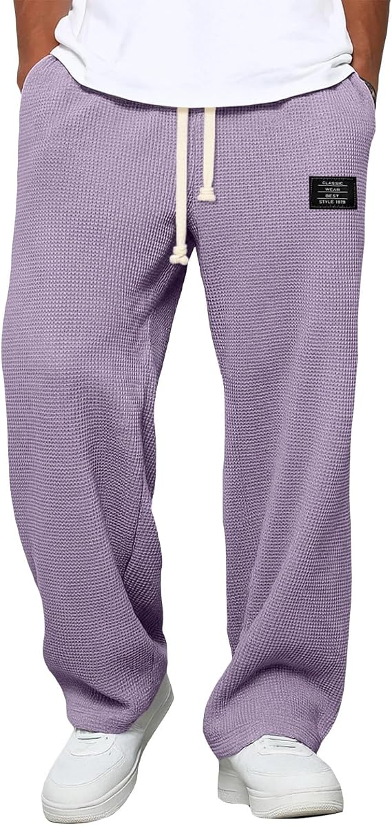 Zhyaj Wide Leg Textured Palazzo Pants for Men Loose Fit Casual Drawstring Elastic Waist Baggy Sweatpants Trousers