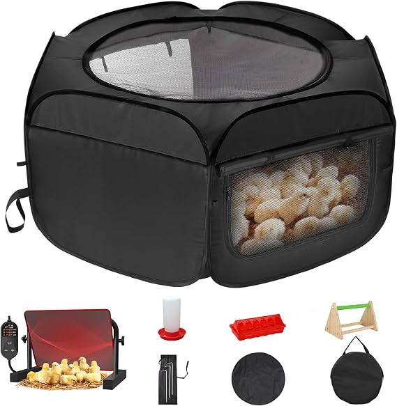 Chick Brooder Box with Chick Heat Plate, 10 ft? Baby Chicks Starter Kit, Large Chicken Cage for Outside, Durable Fabric, Well-Ventilated, Includes Food & Water Feeder, Perch & Waterproof Mat