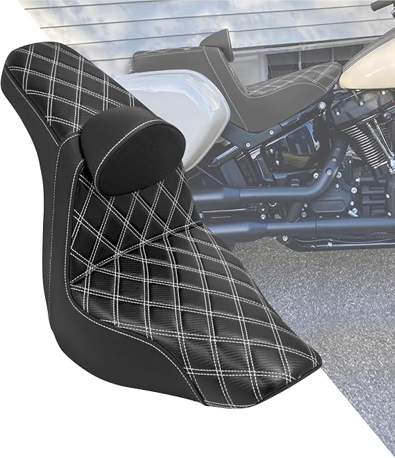 Motorcycle Seat Driver Passenger Seat with Backrests for Harley Low Rider Low Rider S ST 2018-up (Black with white stitching)