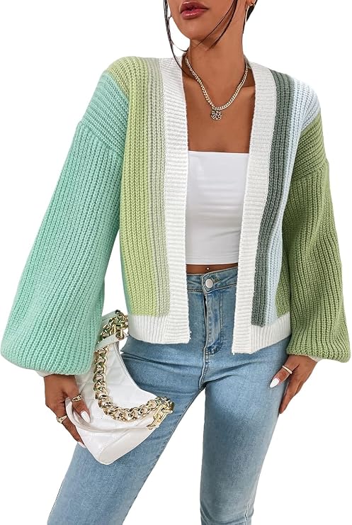 Women's Color Block Open Front Long Sleeve Ribbed Knit Cropped Cardigan Sweaters
