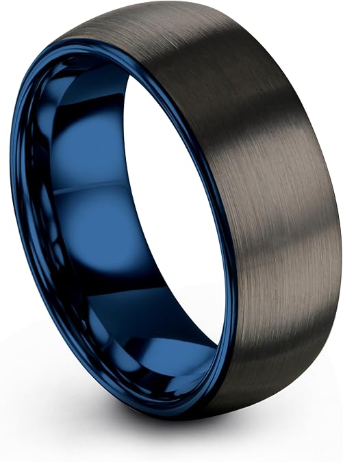 P. Manoukian Tungsten Carbide Wedding Band Ring 8mm 6mm for Men Women Blue Black Gunmetal Interior with Dome Brushed Polished Personalized Custom Engraving Anniversary Engagement