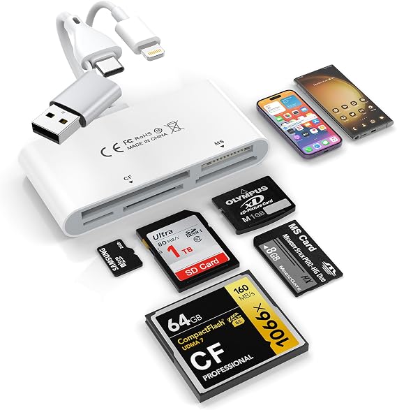 Memory Card Reader, 5in3 Lightning/Type-C/us-sd/TF (Micro SD) / MS/XD/CF Card Reader OTG Compatible Fast Transfer Support for iPhone, iPad, MacBook, iMac, Samsung, Google, PC
