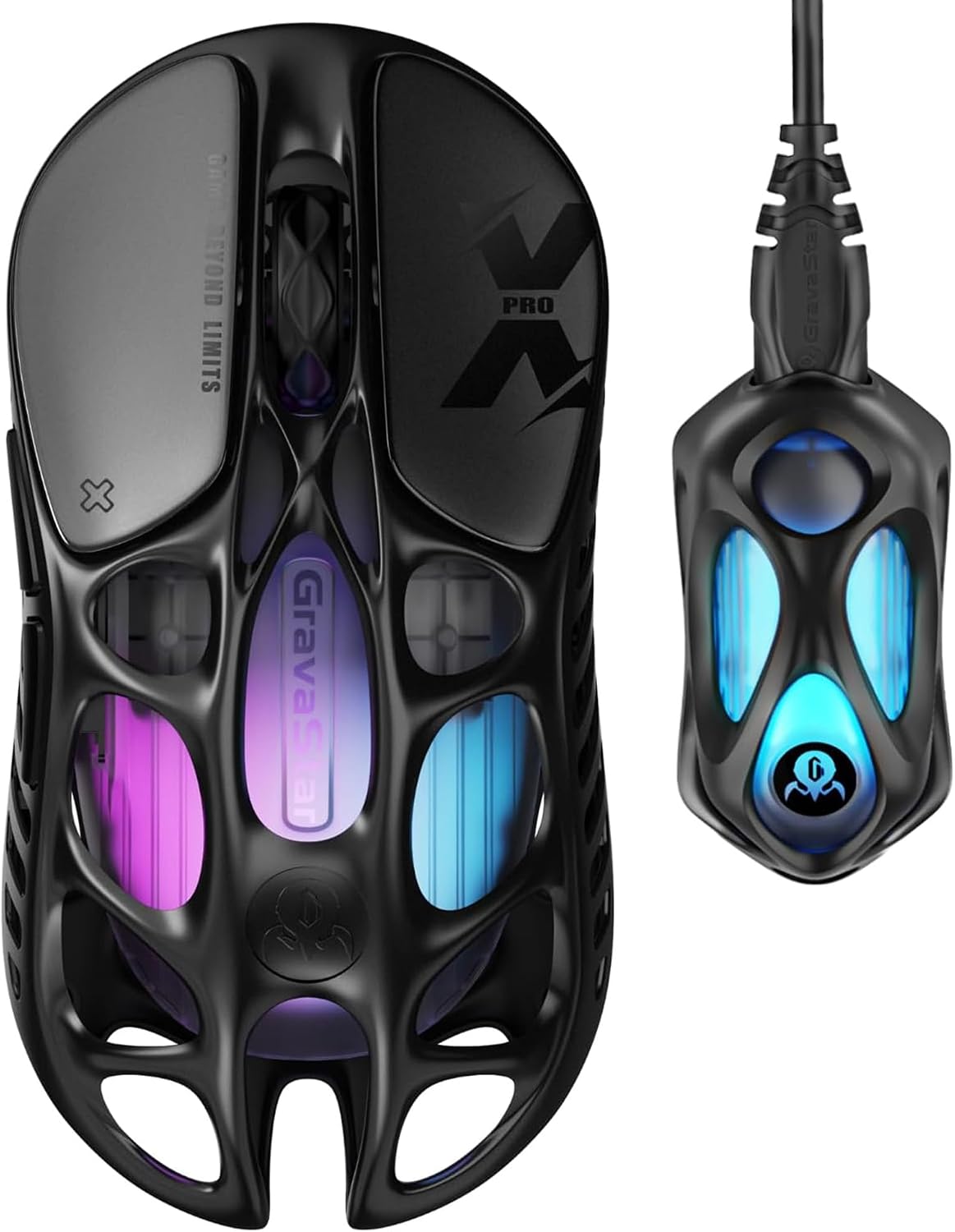 GravaStar Mercury X Pro Wireless Gaming Mouse - 32,000 DPI PAW 3950 Sensor, 8,000Hz Polling Speed, Magnesium Alloy Hollow Frame, RGB Lighting, 5 Programmable Buttons, Three Modes Black