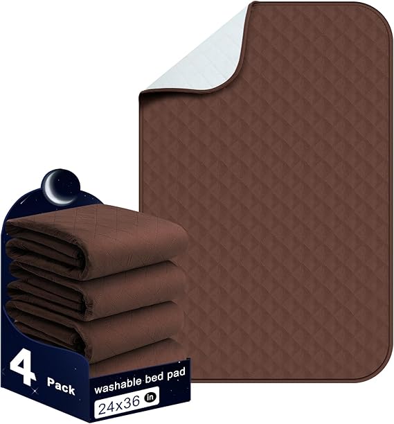 Bed Pads Washable Waterproof 24x36 Inch (4 Pack), Washable Bed Pads for Incontinence, Bed Wetting, and Pet Protection, Brown Ideal for Elderly, Adults, Kids and Pets