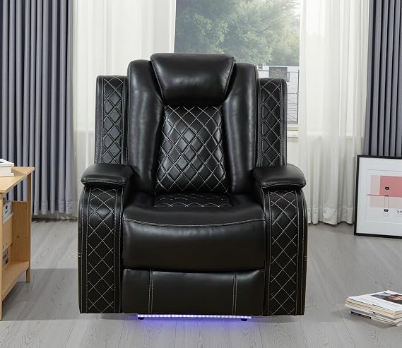 Home Theater Seating Leather Recliner Chair, Movie Theater Chairs Recliner Sofa with USB Charge, Power Living Room Chair with Hidden Arm Storage, LED Lighting for Home Theater/Rv(Black)