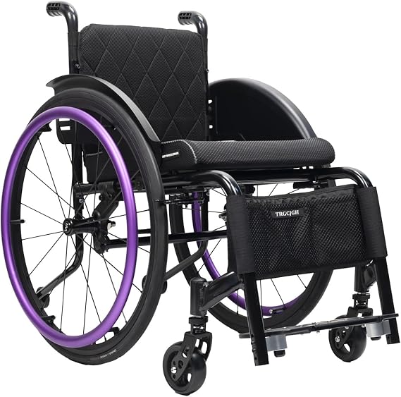 Ultralight Aluminum Wheelchair, Self-propelled Adults Sports Chair, with Quick Release Rear Wheels and Anti-Tip Wheels(Purple,14.9in Seat Width)