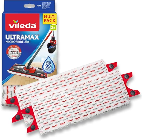 Vileda UltraMax Refill, 2 Pack, Suitable for all Vileda Flat Mop Systems, for all floor types, removes over 99% of bacteria with just water
