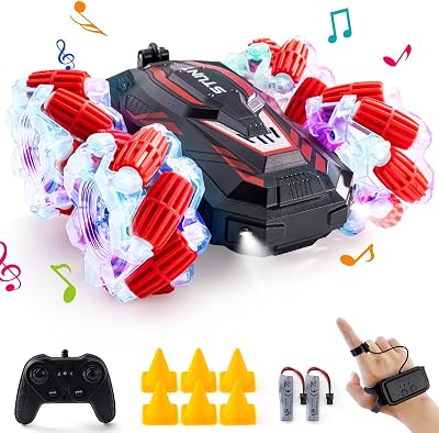 RC Stunt Car, Double-Sided 360 Flips, 4WD 2.4 GHz Gesture Sensing RC Cars with Cool Lights and Music, for Boys Aged 6-12, Great Birthday Presents, Toy Cars Red