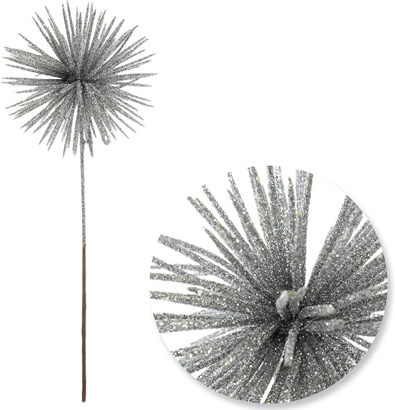 Hobby Lobby Silver Glitter Urchin Christmas Tree Pick, 10 Inches, Set of 2 | Plastic Christmas Tree Filler with Brown Paper Stem, Sparkly Winter Party Decor for Wreaths, Garlands, Centerpieces