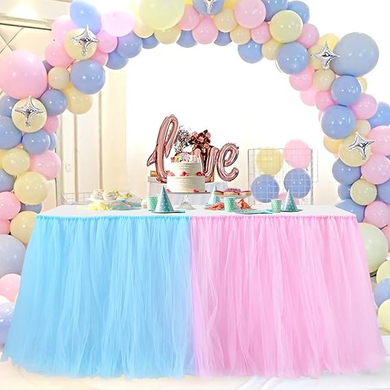 Gender Reveal Table Skirt for Baby Shower Gender Reveal Party Decorations Pink Blue Tulle Tutu Table Skirts for Boy or Girl Birthday Party 6FT