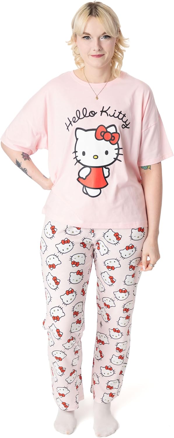 Hello Kitty Womens Pyjama Set | Adults Kitty White Graphic Short Sleeve Top & Long Leg PJ Bottoms in Pink