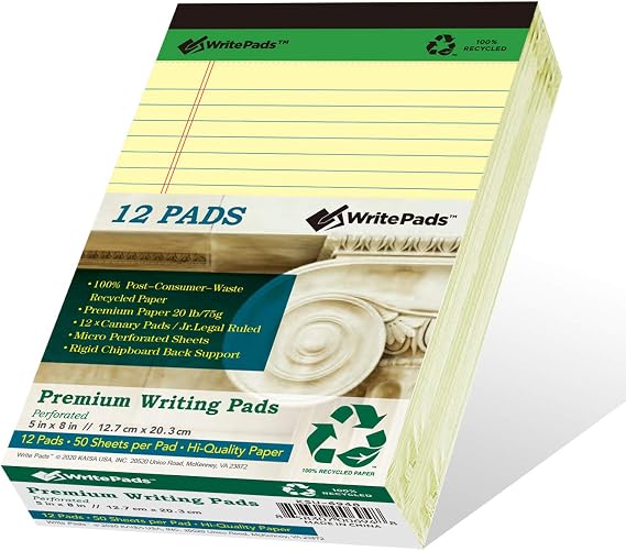 KAISA Thick Legal Pad Small Writing Pads, 5x8 Legal Pad Narrow Ruled With Rigid Chipboard Back Support, 50sheets Perforated 20lb Recycled Paper Pads, Canary 12pad, KSU-6948
