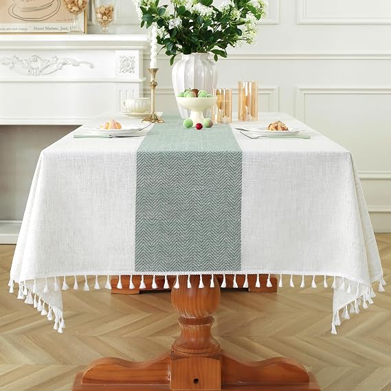 Laolitou Rectangle Tablecloth for Dining Table Rustic Farmhouse Kitchen Tables Cloth Coffee Table Cover, Cotton Linen Fabric Small Rectangle Tablecloths, Green Stripe, 55x102 Inch