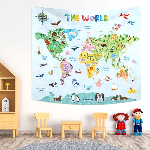 BASHOM DECOWALL 60''x50''(150x130cm) Animal World Map Tapestry Poster for Kids Educational learning Wall Hanging for Bedroom Living Room Nursery Dorm Home Decor (TP-001)