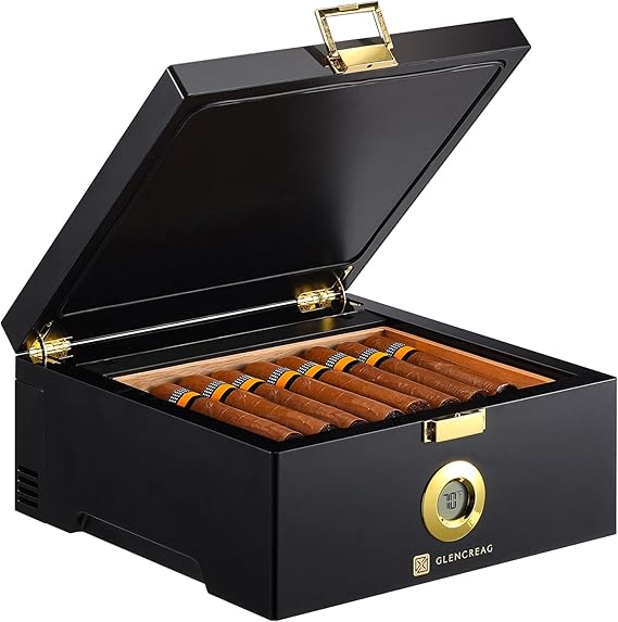 GLENCREAG Electric Thermostatic Cigar Humidor Box (64F74F), 360 Airflow Fan, Spanish Cedar Wood & Thermometer, Dual Power (Type-C & Plug), Gifts for Men (2030 Cigars)