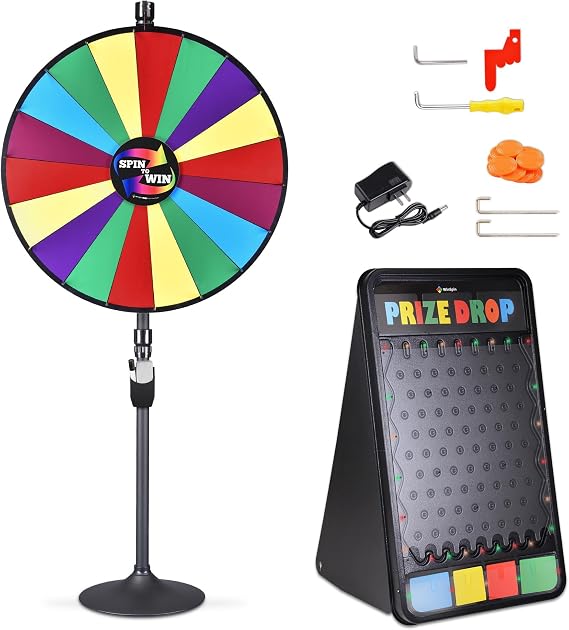 WinSpin 36" Prize Wheel 12 Slots Dual Use Spinning Wheel and 41x25 Prize Drop Game Board w/LED Light for Party Tradeshow