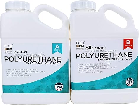 FGCI Polyurethane Expanding Liquid Foam 2 Gallon Kit, 8 Lb Density 2 Part Marine Foam, 1 Gallon Each Part A and Part B, Made in the USA