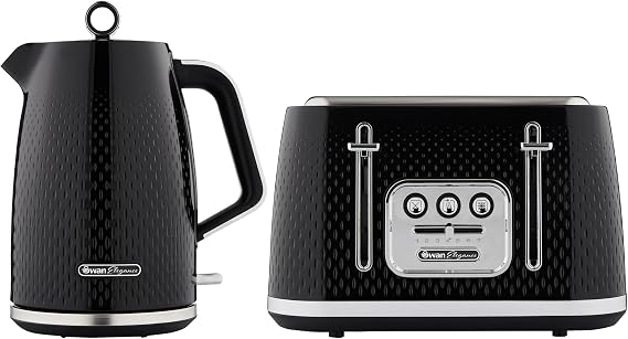 Swan Elegance Kitchen Set, 1.7L Kettle & 4 Slice Toaster, Black, SK14016BLK & ST19025BLK