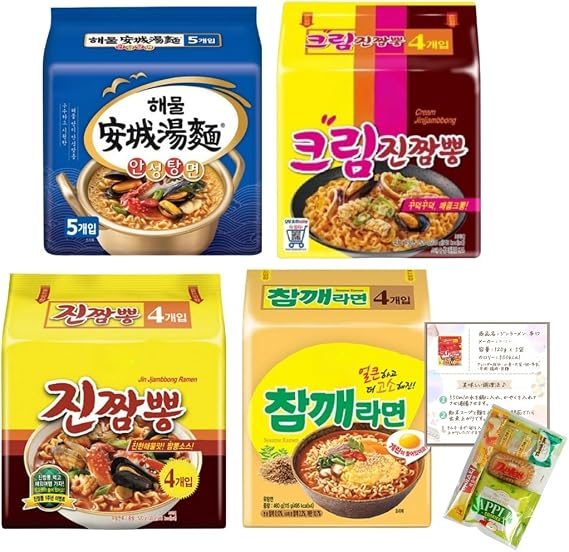 Korean Ramen, 4 Types, 4 Pack, Assorted, Set with Recipe, with Korean Snacks| Anseong Tang Myeon, Seafood, Cream Jin Champong, Chamkae Ramen, Jin Champong, Popular Korean Ramen Set, Instant Noodles