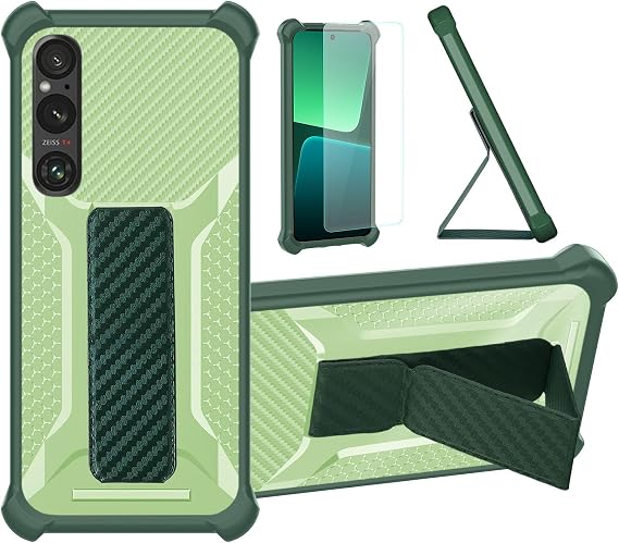 bojioderf Case Compatible for Sony Xperia 1 V Phone Case Cover [with Tempered Glass Screen Protector] Hybrid Case [Folding Support Magnetic] [Frosted Anti-Fingerprint] Green
