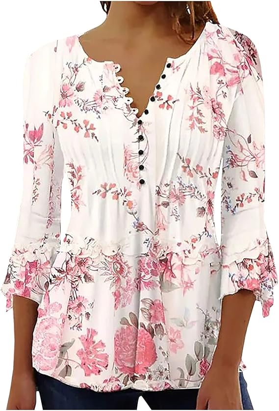 Fall Tops for Women 2025 Trendy Floral Print Tunic Shirts 3/4 Sleeve Bell Sleeve Button Down v Neck Blouses