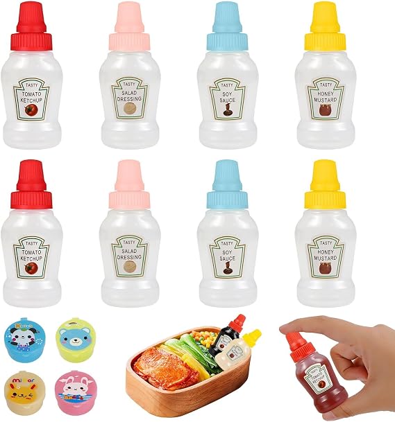 8 PCS Mini Ketchup Bottles,25ml Squeeze Bottle with 4pcs Sauce Box | Food-Grade Plastic Leakproof Caps Compact Size ,For School Bento Boxes, Outdoor Picnic Travel and Homemade Seasoning Packing