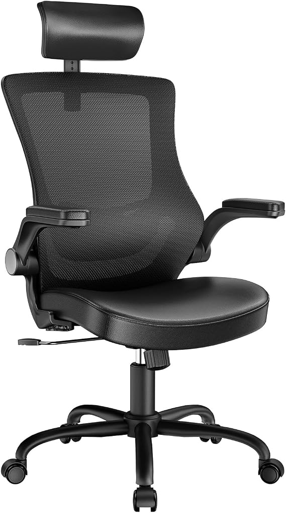 Marsail Office Chair Ergonomic Desk Chair, 360Swivel Mesh Back Wide Computer Chair PU Leather Criss Cross Chair,Adjustable Lumbar Support & Flip-up Armrests,Adjustable Height Executive Task Chair
