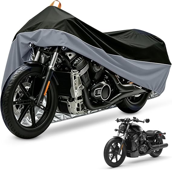XYZCTEM Motorcycle Cover Waterproof Outdoor Storage Reflective Black/Gray | with Lock-Hole Design Sunproof Windproof Dustproof, Fit for Honda, Kawasaki, Harley Davidson, Yamaha 96.5'' Powersports Cover