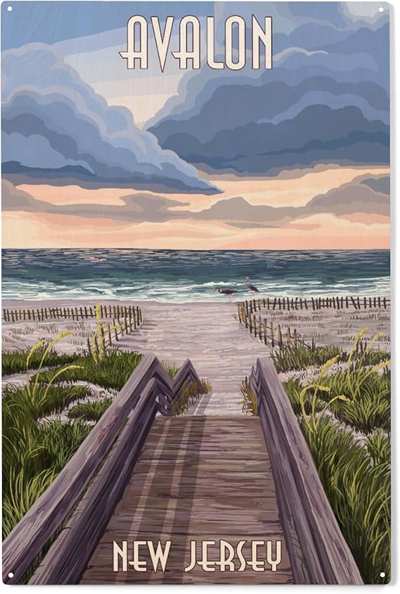 Lantern Press 10x15 Inch Wood Sign, Ready to Hang Wall Decor, Avalon, New Jersey, Beach Boardwalk Scene