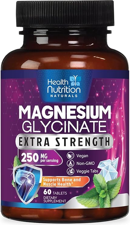 Magnesium Glycinate 250mg Per Serving - High Absorption 100% Chelated Magnesium Formula - Muscle, Nerves, Bone & Heart Health Support Supplement, Gluten-Free Non-GMO Vegan - Bottled USA - 60 Tablets