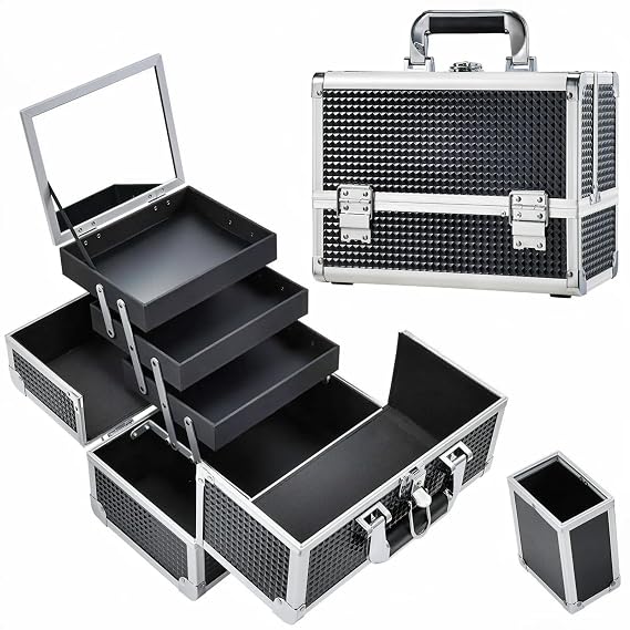 Joligrace 3-Tray Makeup Case with Mirror & Brush Holder, 11.6" Shine Black